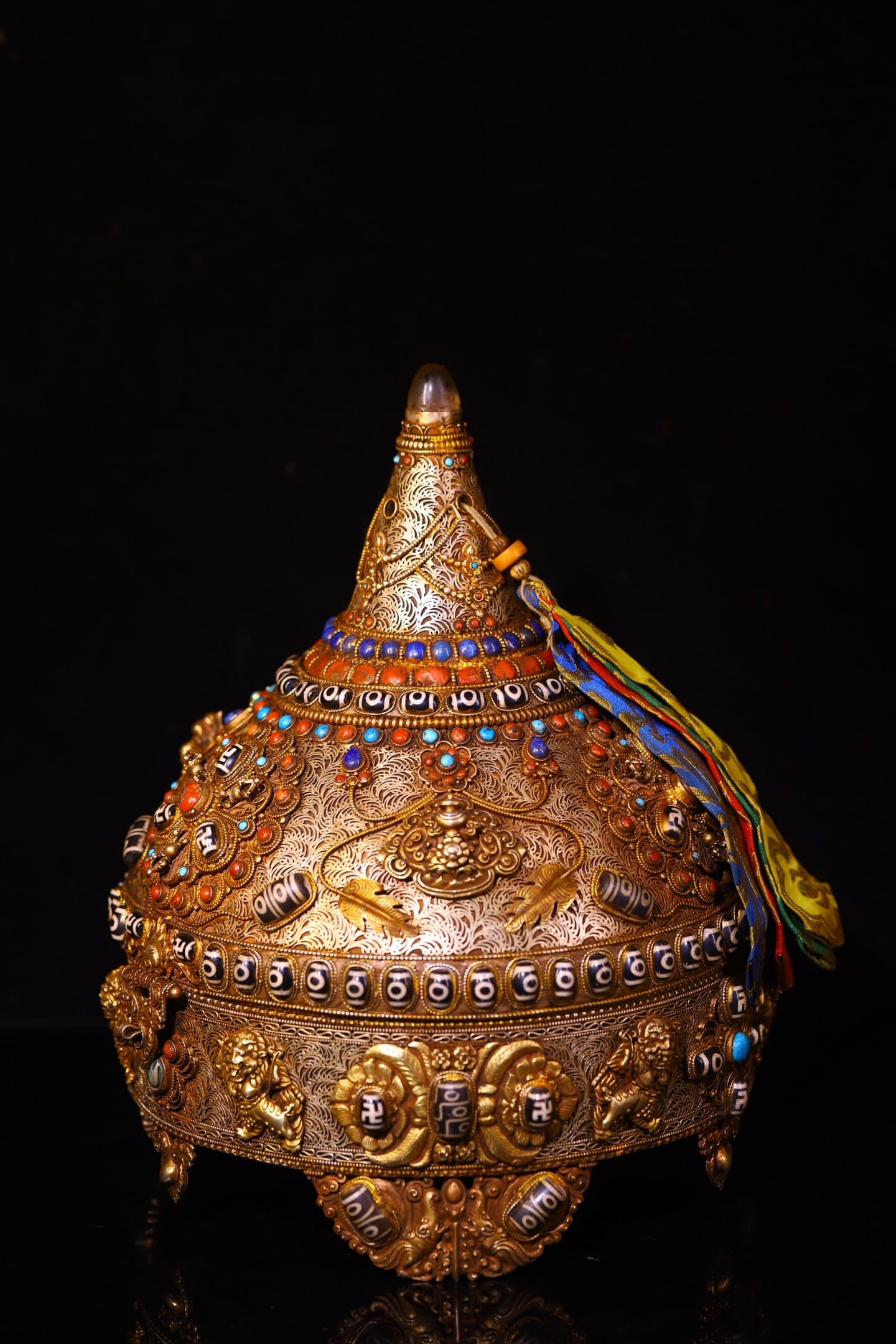 Tibetan Buddhism Silver Wire Inlay DZI Agate & Turquoise & Lapis Lazuli Pot 3300g - 2