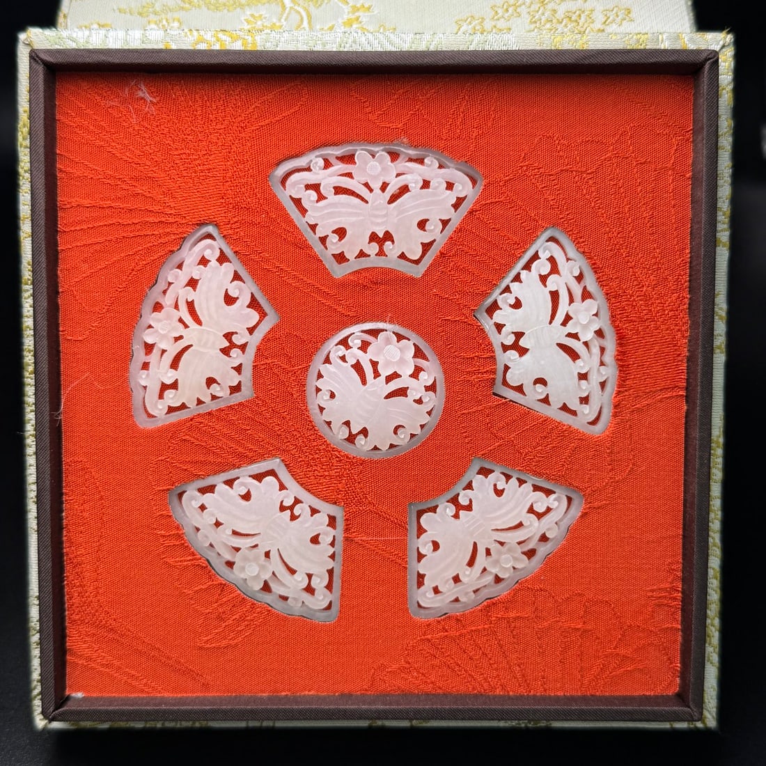 Six Hetian Jade Pendant Flower Butterfly w Box: Title: Six Hetian Jade Pendant Flower Butterfly w Box Origin: Chinese Date/Period: After1910 Materials: Hetian Jade Dimensions: 30x4.5(mm) 1.18x0.18(inches) 46x26x4(mm) 1.81x1.02x0.16(inches) Weight