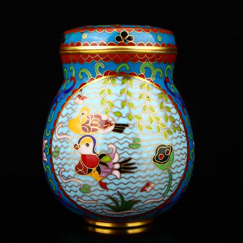 Bronze Cloisonne Pot Mandarin duck,Willow,Flower - 3