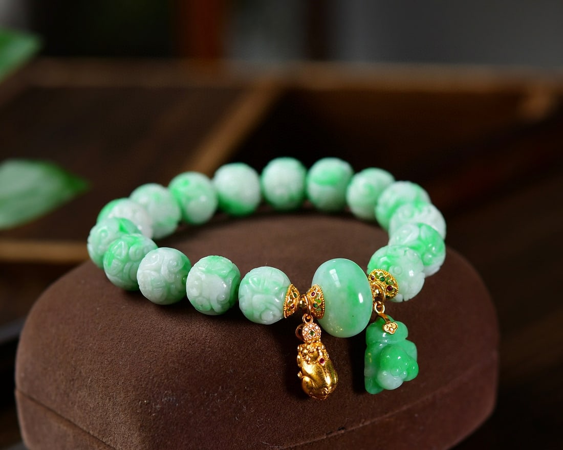 11.8mm Natural Green Jadeite Bracelet with Certificate - 2