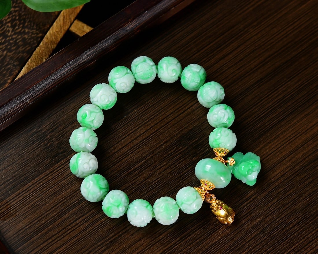 11.8mm Natural Green Jadeite Bracelet with Certificate - 5