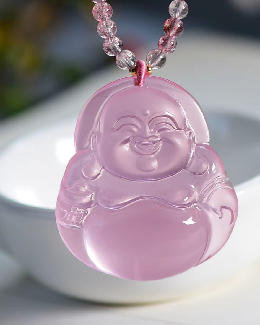 Pink Crystal Hand-Carved Laughing Buddha Pendant: Title: Pink Crystal Hand-Carved Laughing Buddha Pendant Origin: Chinese Date/Period: After2025 Materials: Crystal Dimensions: 38.6x34.2x13.5(mm) 1.52x1.35x0.53(inches) Reserve: $150.00 