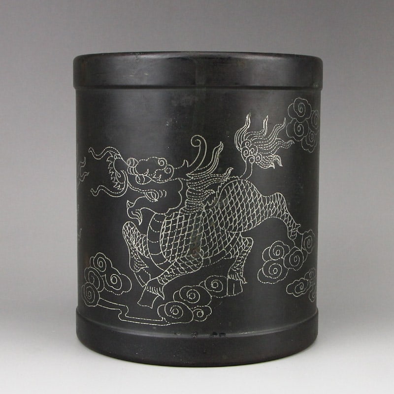 Bronze Inlay Silver Wire Brush Pot Kylin - 5