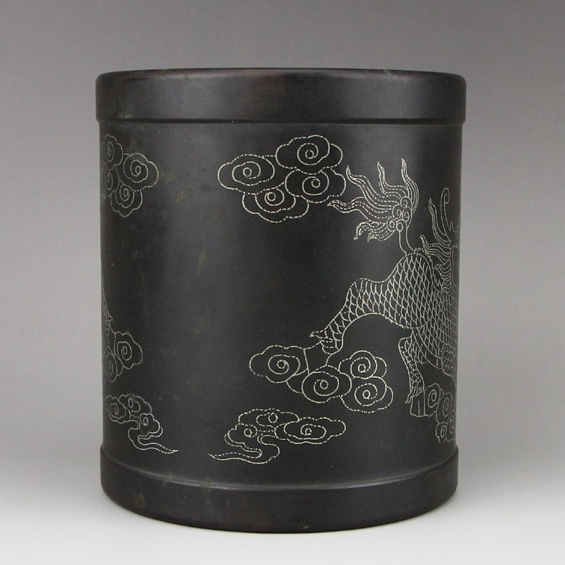 Bronze Inlay Silver Wire Brush Pot Kylin - 6
