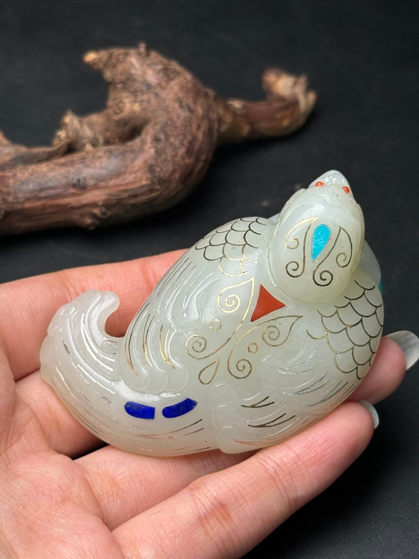 Hetian Jade Inlay Silver Wire, Turquoise,Lapis lazuli Bird Pendant - 3