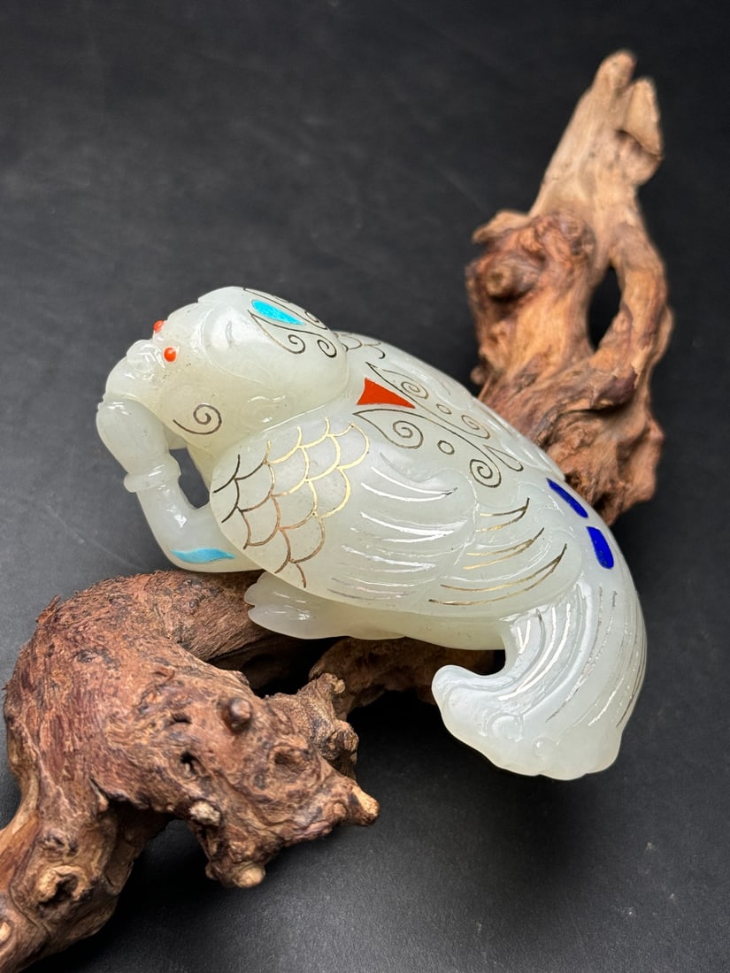 Hetian Jade Inlay Silver Wire, Turquoise,Lapis lazuli Bird Pendant - 8