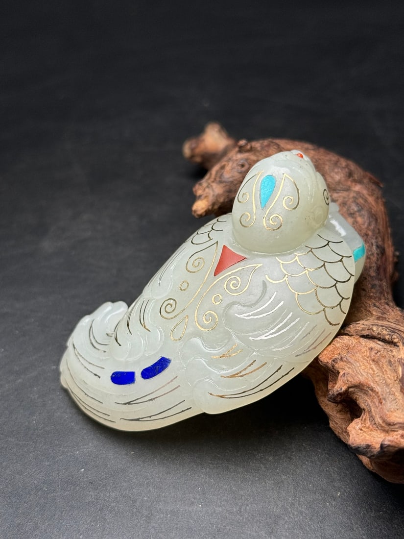 Hetian Jade Inlay Silver Wire, Turquoise,Lapis lazuli Bird Pendant - 9