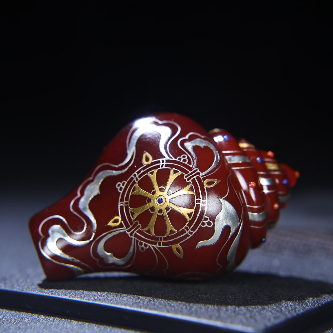 Red Agate Inlay Silver Wire,Gilt Wire,Gem Conch Statue - 6
