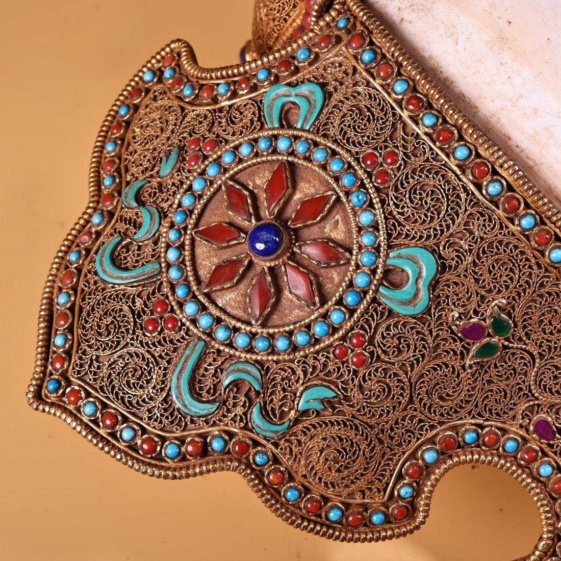 Tibetan Silver Wire Gilt Gold Inlay,Shell,Gem,Crystal,Lapis lazuli,Turquoise Statue - 2