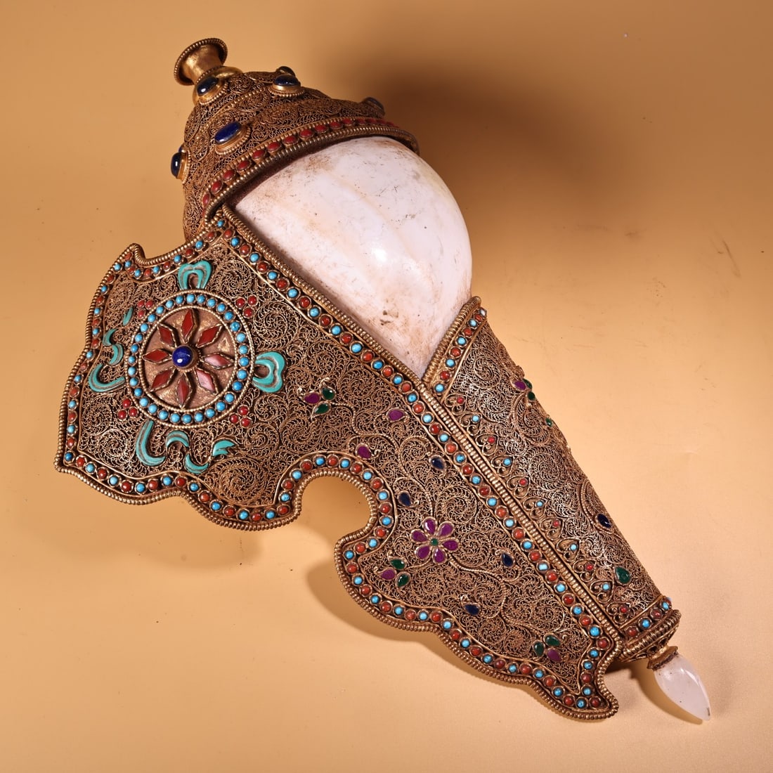 Tibetan Silver Wire Gilt Gold Inlay,Shell,Gem,Crystal,Lapis lazuli,Turquoise Statue - 5