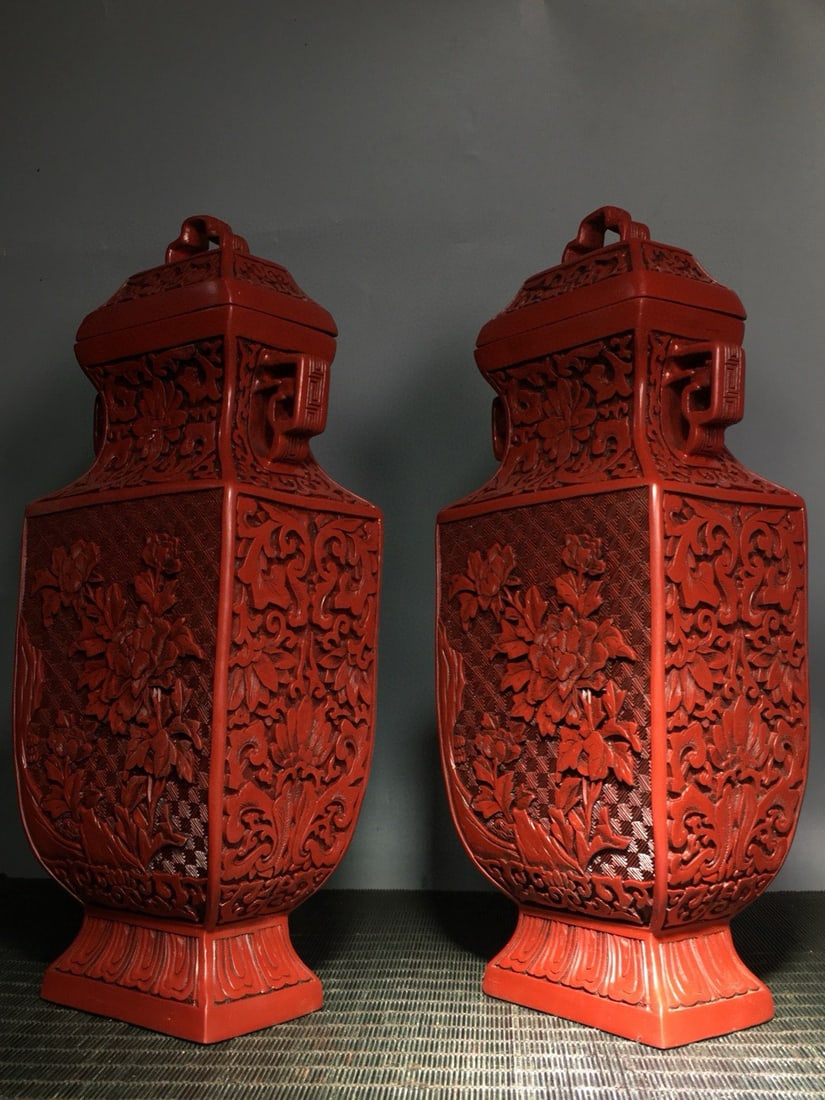 A Pair Red Lacquerware Vase,Flower - 4