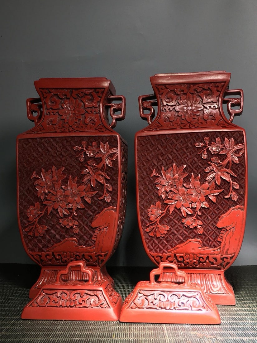 A Pair Red Lacquerware Vase,Flower - 5