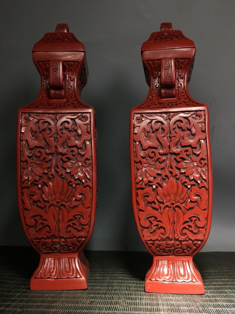 A Pair Red Lacquerware Vase,Flower - 6