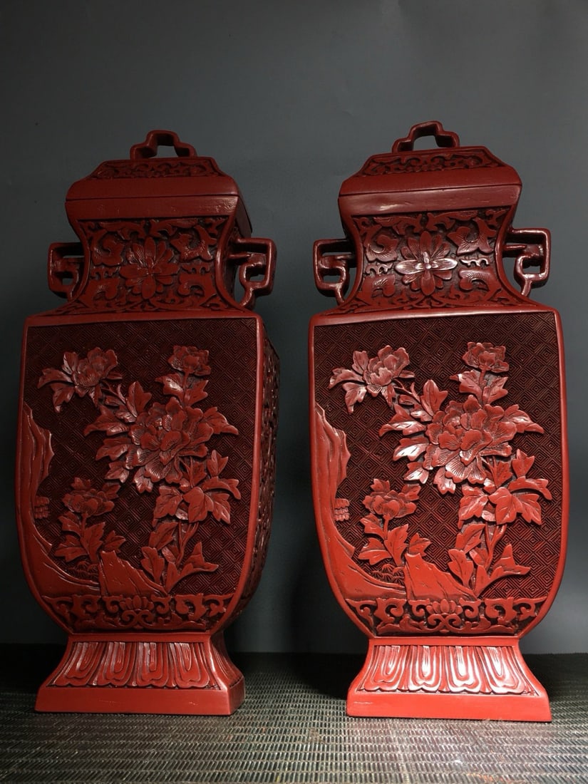 A Pair Red Lacquerware Vase,Flower - 7