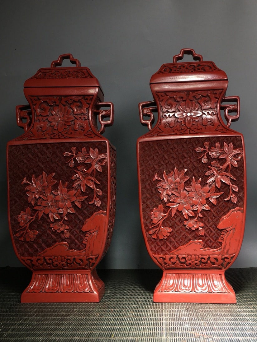 A Pair Red Lacquerware Vase,Flower - 8