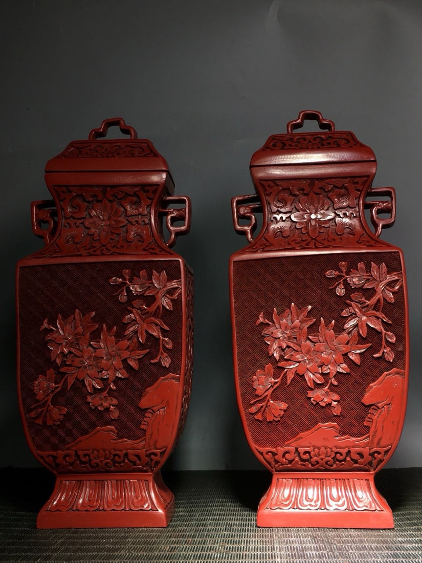A Pair Red Lacquerware Vase,Flower - 9