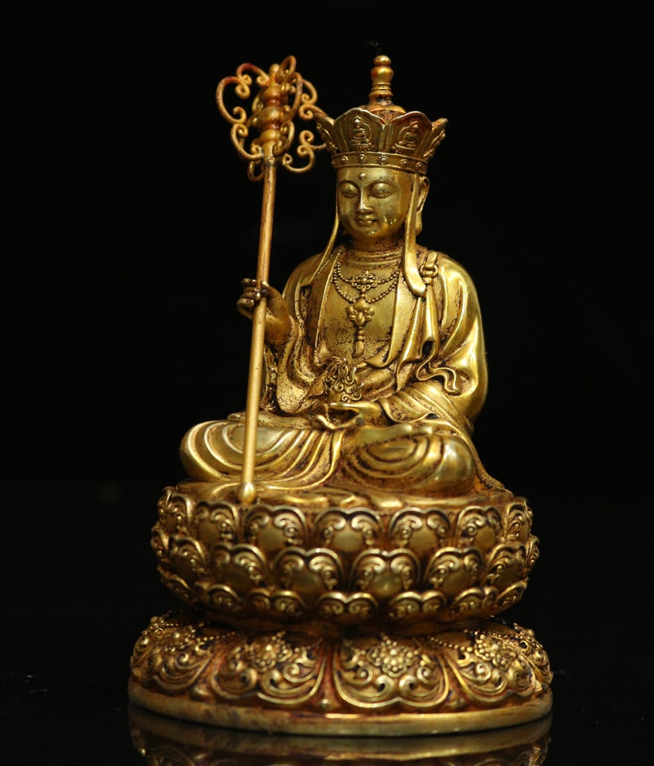 Gilt Gold Bronze Statue - Ksitigarbha Bodhisattva - 3