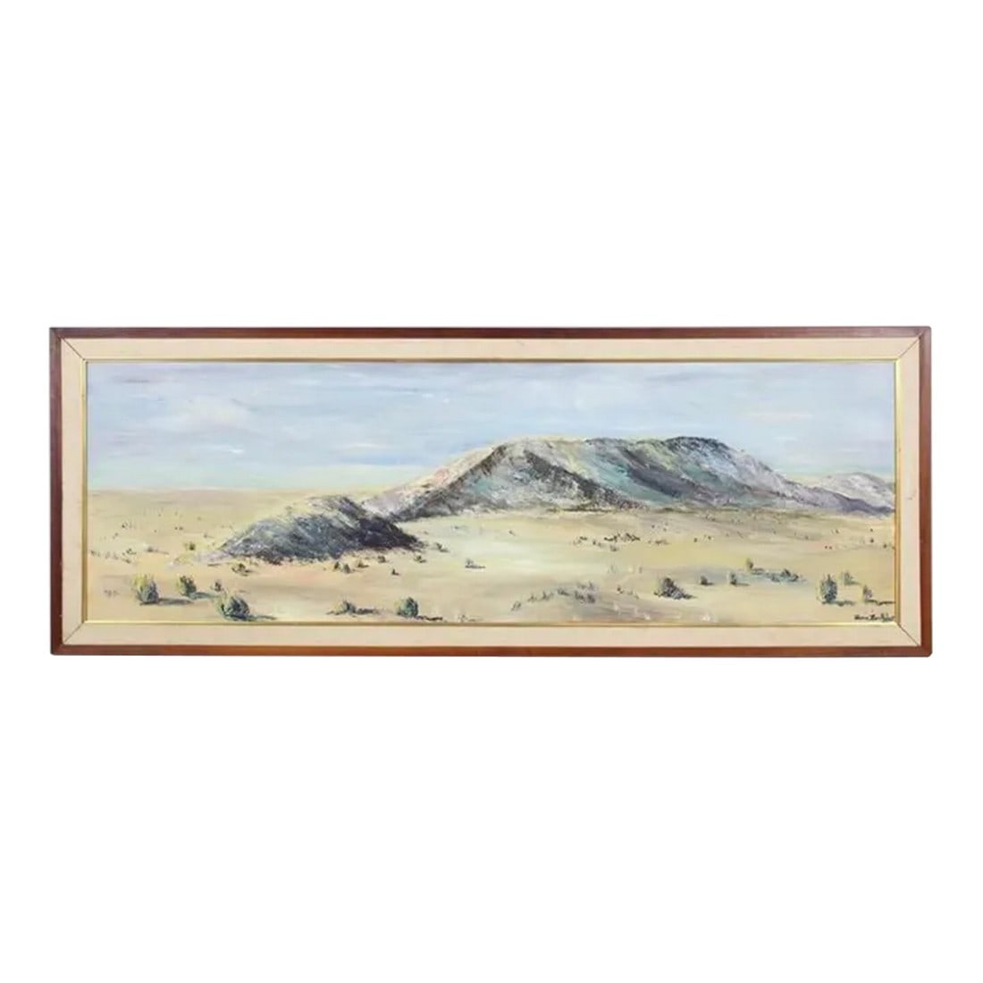 Mid-Century Modern Panoramic Southwest Desert Painting Signed Mary Lou Holmes Mountains: Crisp and clear like a dessert morning this painting really captures the time it was probably painted Condition: Alterations: Original Condition Unaltered Imperfections: Some Imperfections