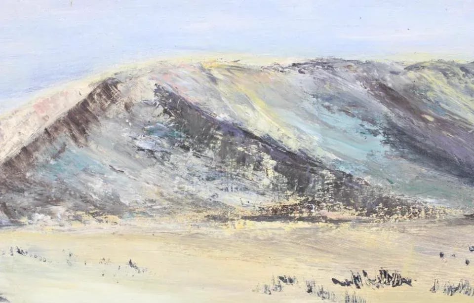 Mid-Century Modern Panoramic Southwest Desert Painting Signed Mary Lou Holmes Mountains - 6