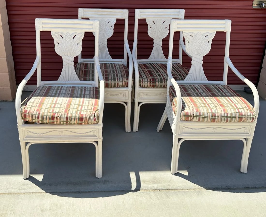 Vintage Bamboo Bentwood Rattan Wheat Back Dining Armchairs - Set of 4 - 3