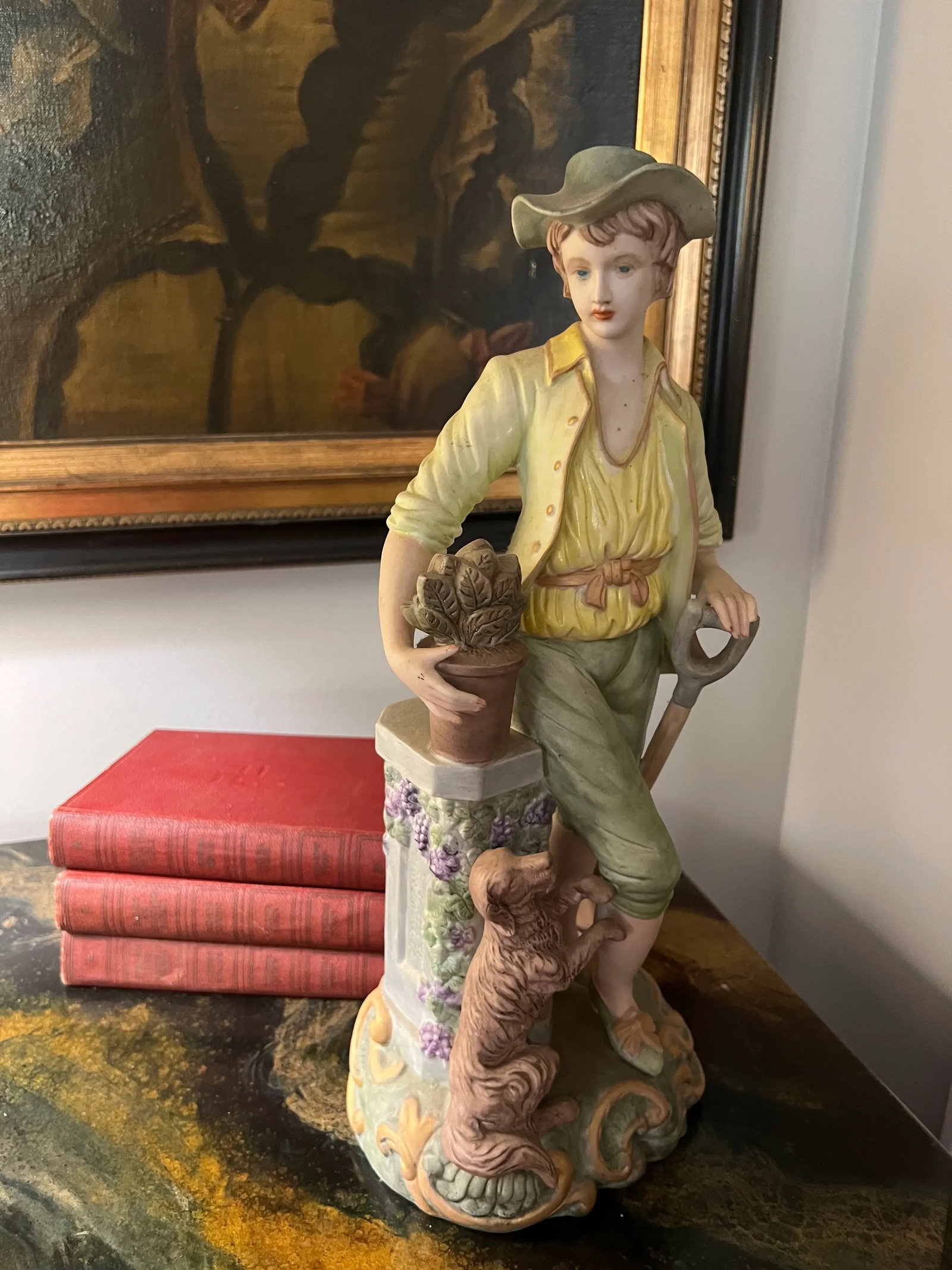 Vintage Porcelain Statue of Boy and Dog a Tall Piece - 3
