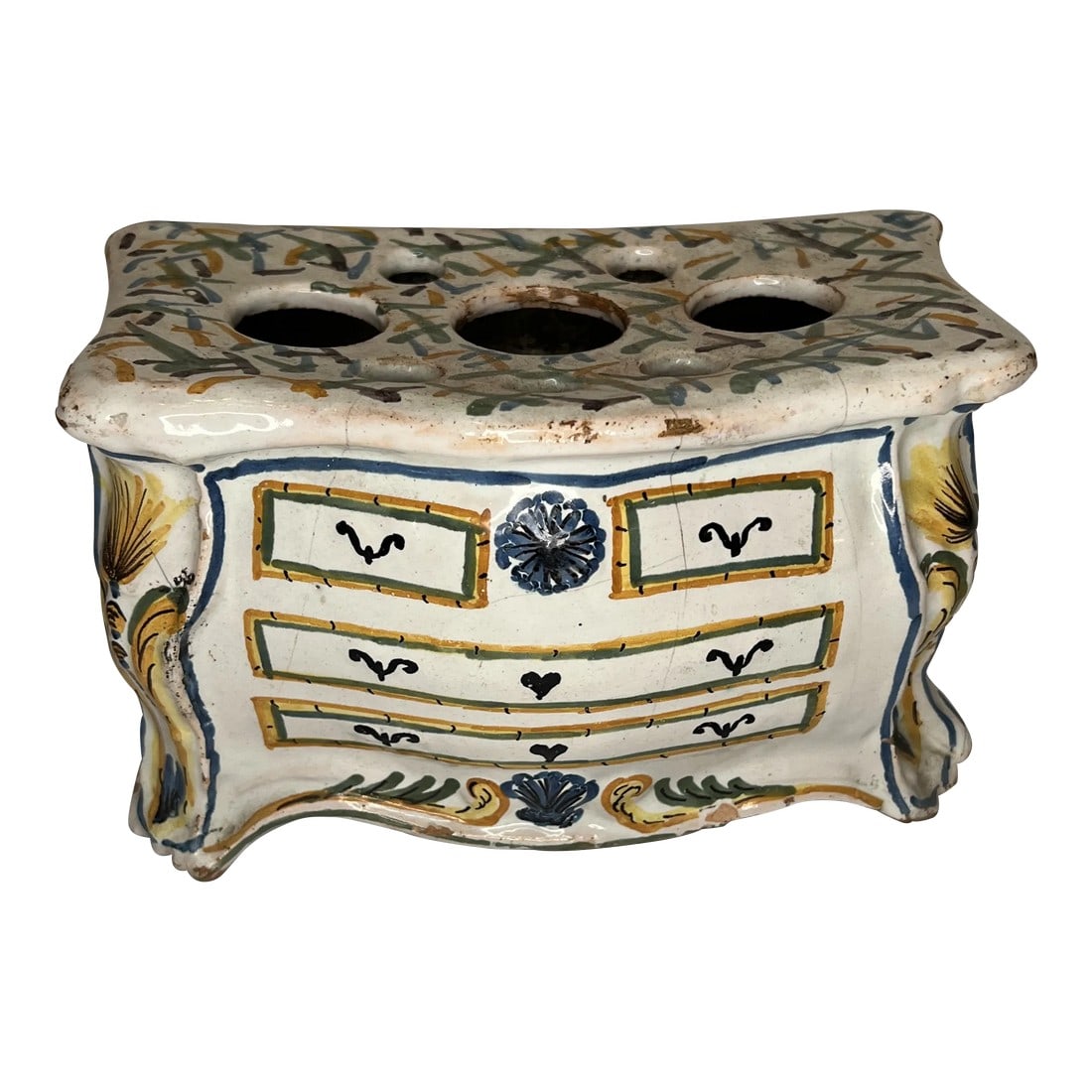 Antique French Faience Bough Pot: Antique French hand painted faience bough pot in the form of a commode or bombe chest. Condition: Alterations: Original Condition Unaltered Imperfections: Some Imperfections Condition Notes: Cracks