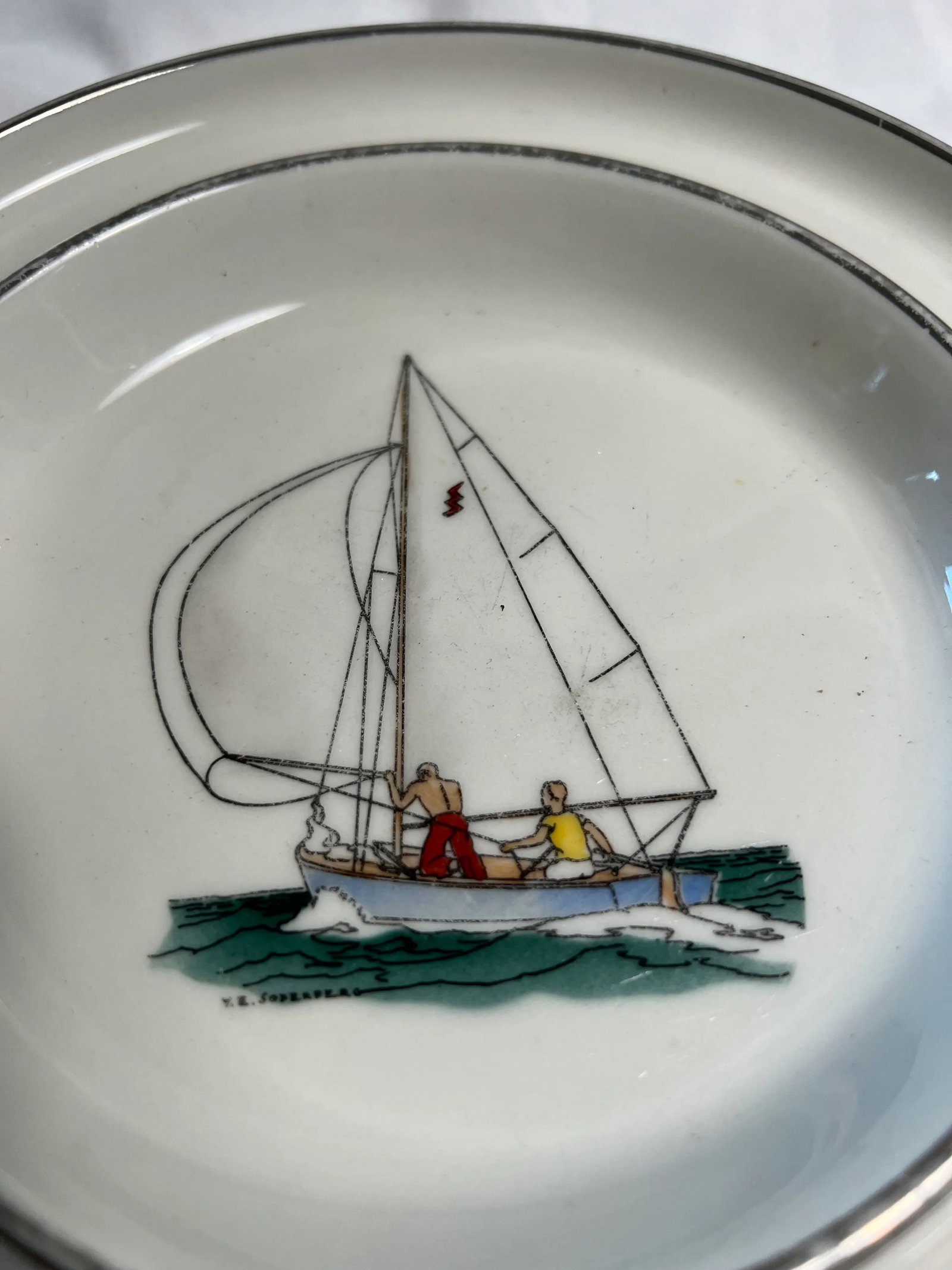 Vintage Delano Studios Trinket Tray Sailboat Lightning by Y E Soderberg - 2