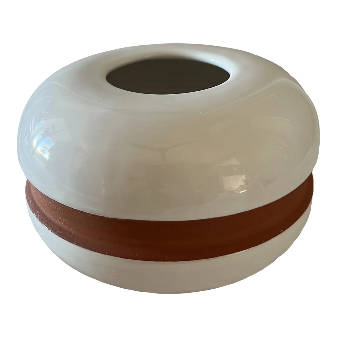 Mid Century Modern White Round Vase Made in Portugal: Mid Century minimalist vase in white with terra cotta stripe. Made in Portugal. Condition: Alterations: Original Condition Unaltered Imperfections: Some Imperfections Condition Notes: no chips or crac