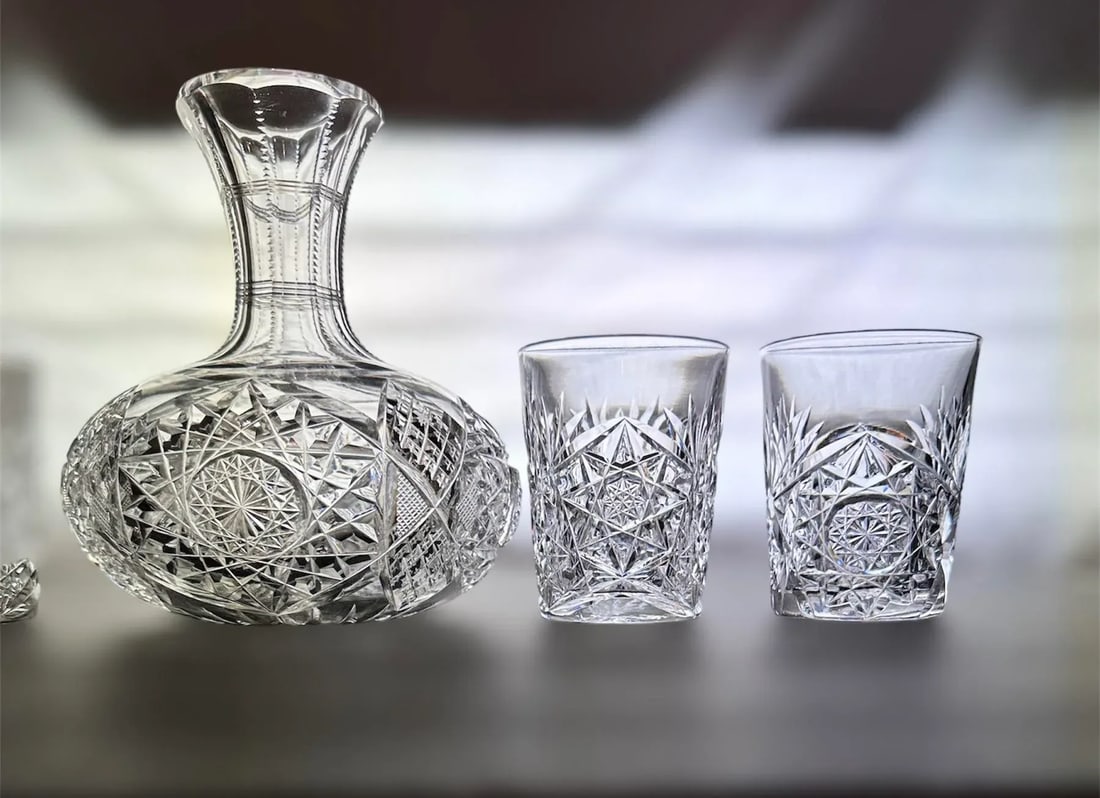 Antique American Brilliant Period Cut Crystal Carafe and Tumblers Set- 5 Pieces - 4