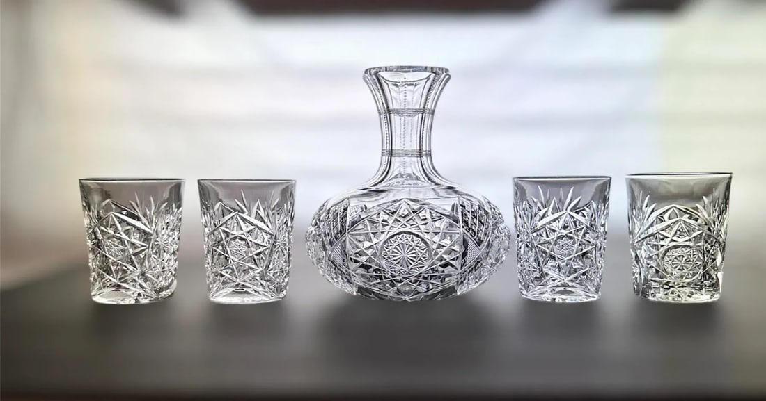 Antique American Brilliant Period Cut Crystal Carafe and Tumblers Set- 5 Pieces - 5