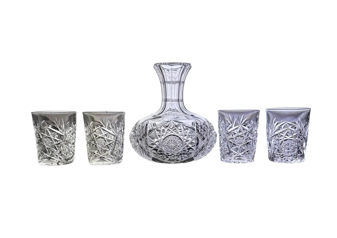Antique American Brilliant Period Cut Crystal Carafe and Tumblers Set- 5 Pieces - 6