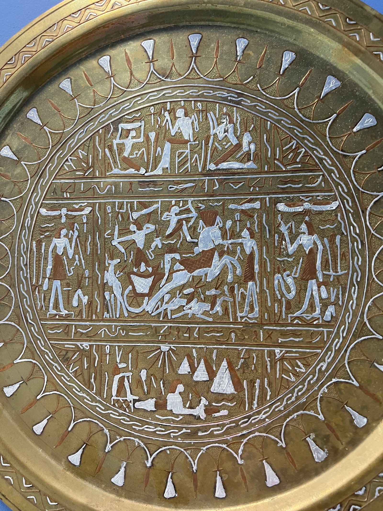 Brass Tray With Silver and Copper Inlay Egyptian Design - 7