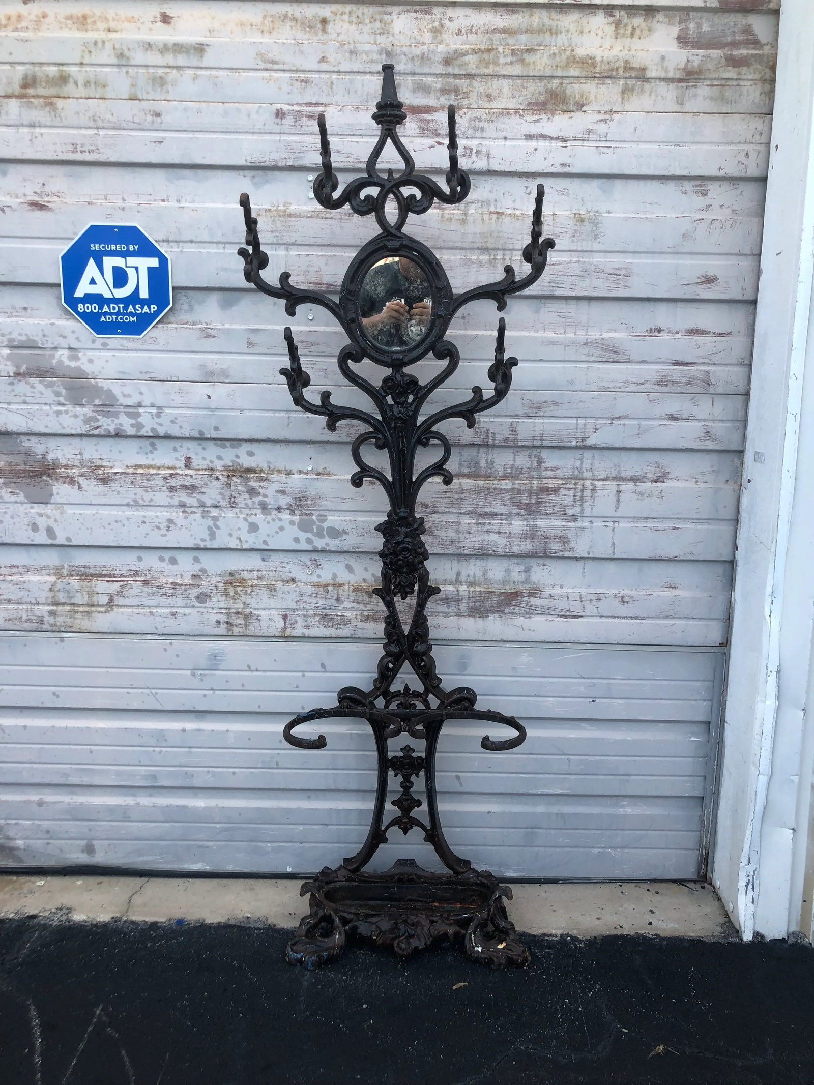 Early 20th Century Six Armed Iron Hall Tree With Small Center Mirror and Two Umbrella Racks and One - 10