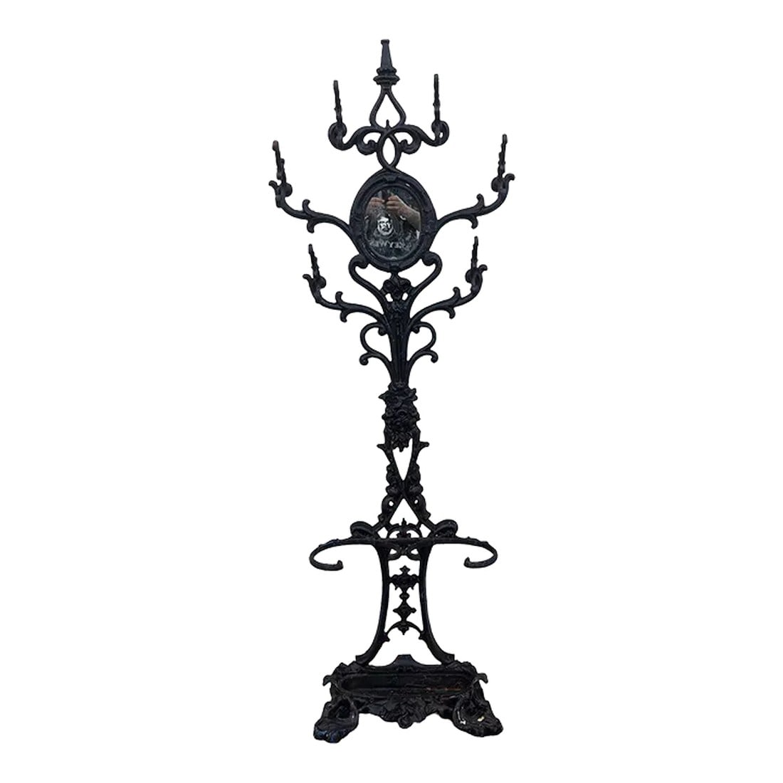 Early 20th Century Six Armed Iron Hall Tree With Small Center Mirror and Two Umbrella Racks and One (1 of 11)