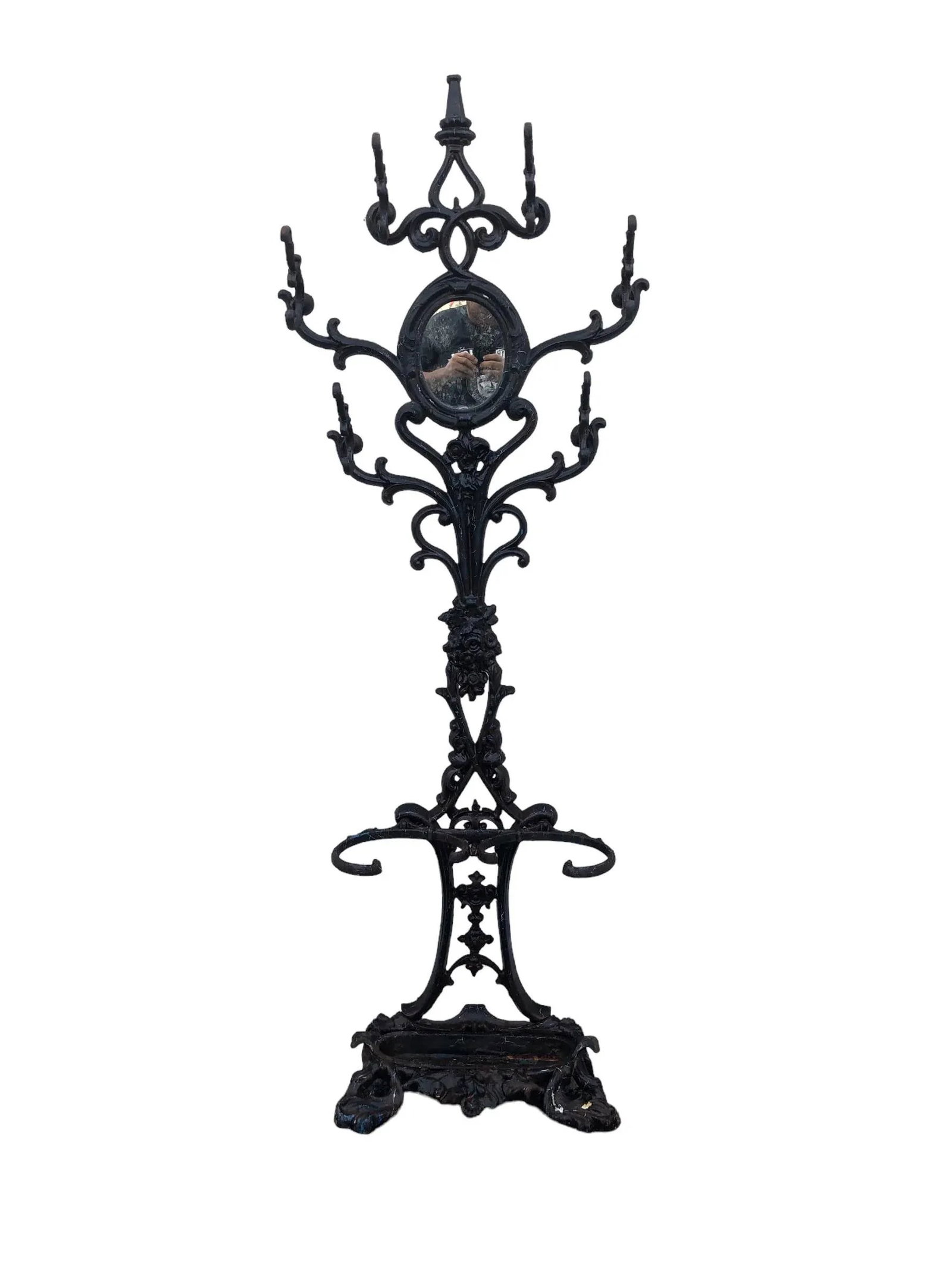 Early 20th Century Six Armed Iron Hall Tree With Small Center Mirror and Two Umbrella Racks and One - 2