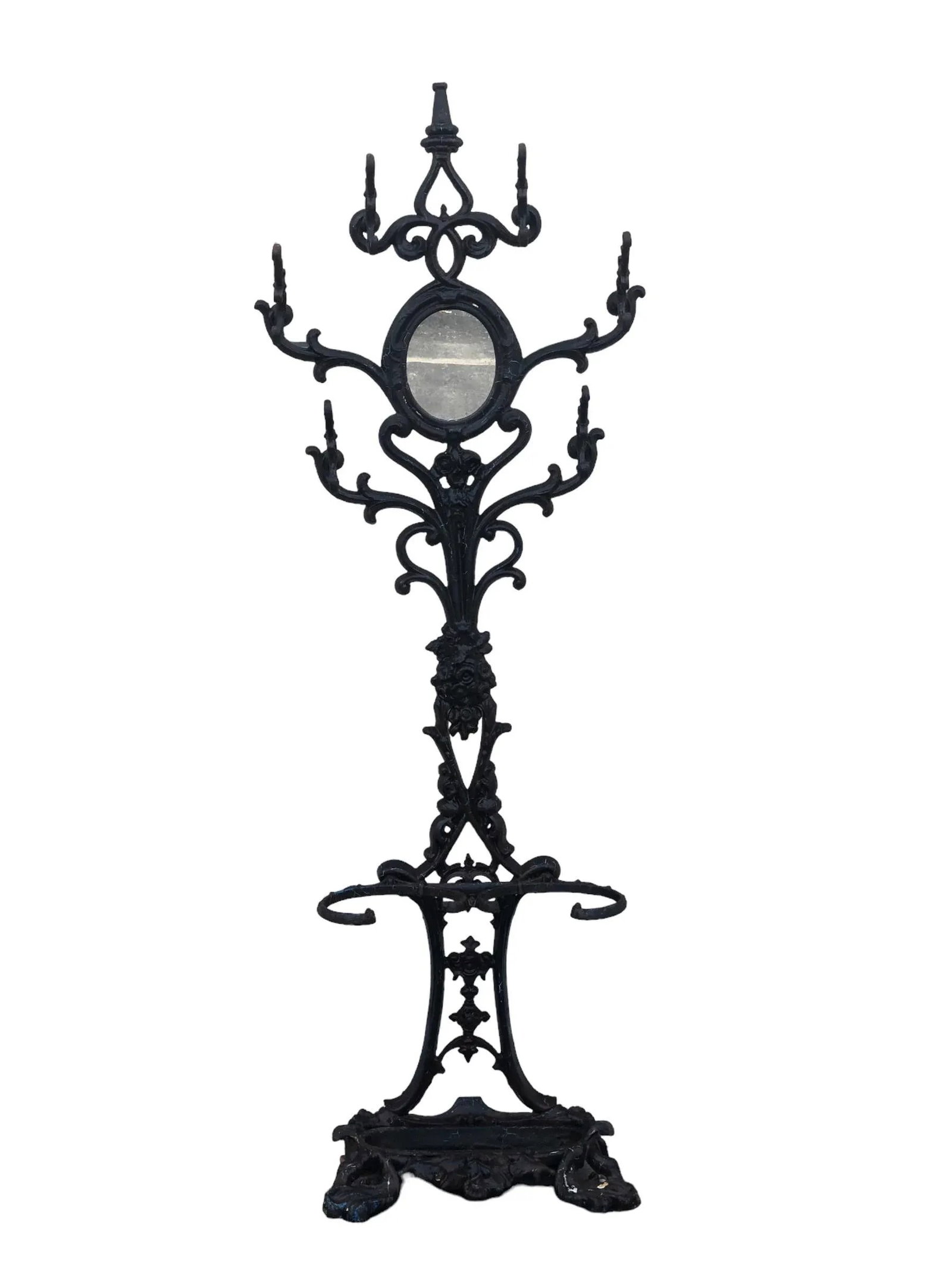 Early 20th Century Six Armed Iron Hall Tree With Small Center Mirror and Two Umbrella Racks and One - 3