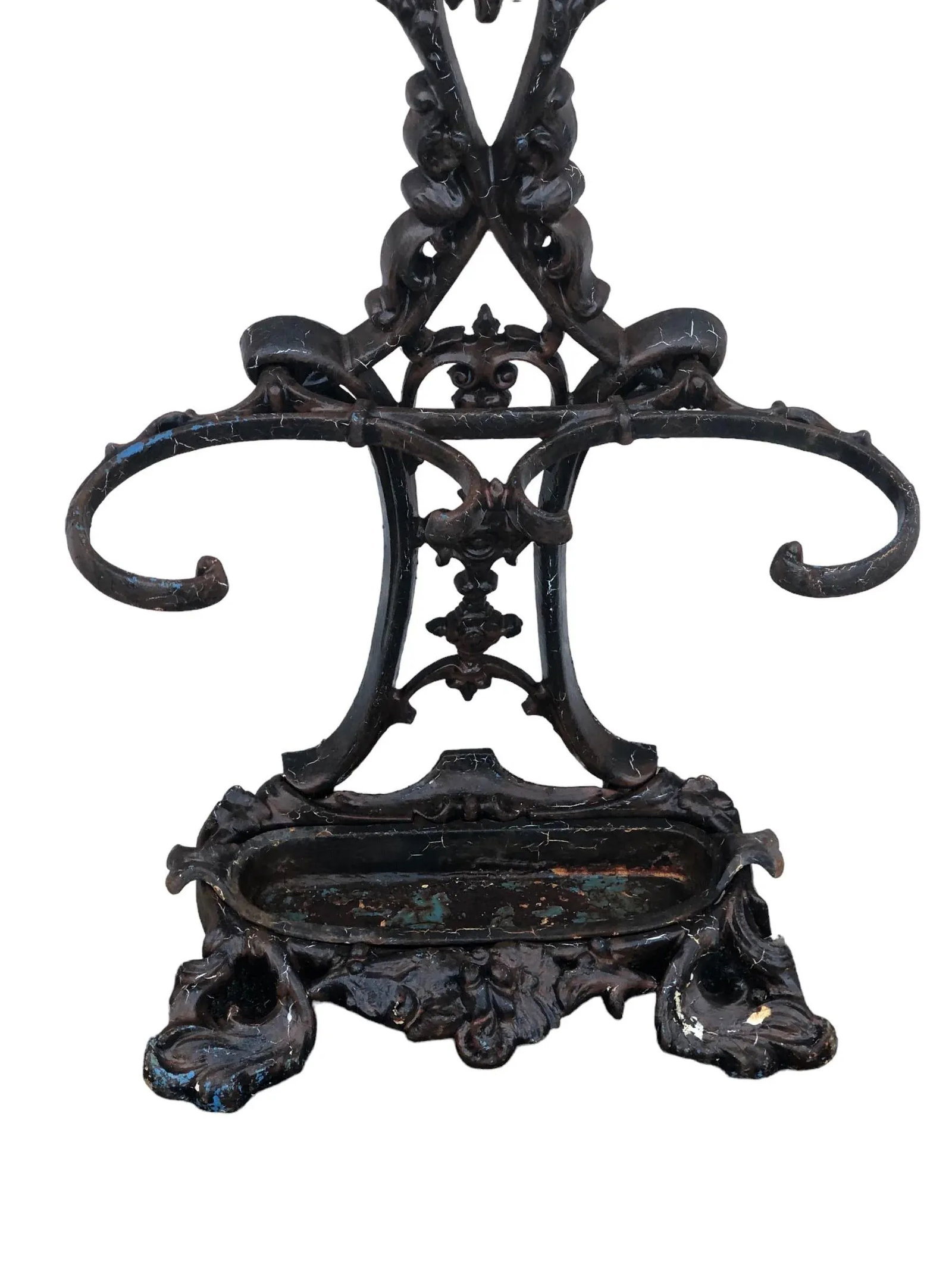 Early 20th Century Six Armed Iron Hall Tree With Small Center Mirror and Two Umbrella Racks and One - 5