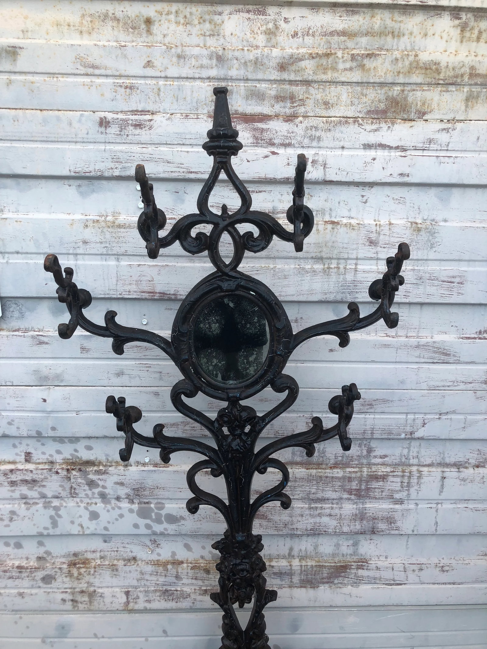 Early 20th Century Six Armed Iron Hall Tree With Small Center Mirror and Two Umbrella Racks and One - 7