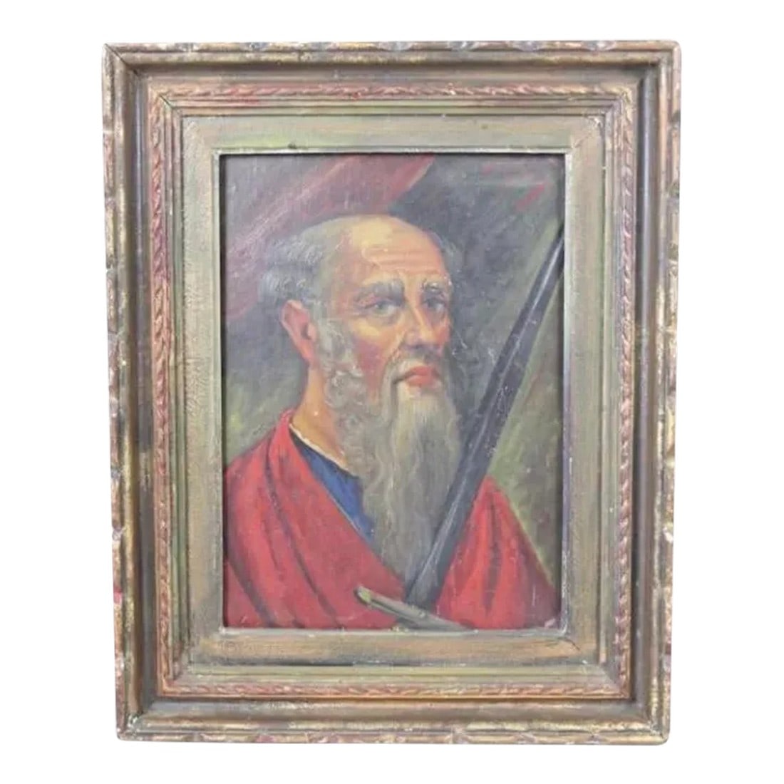 Framed Portuguese 19th Century Oil Portrait Painting of a Bearded Religious Man With Red Robes and S: A lovely painting of a grey bearded religious man holding a sword and wearing red robes. A Portuguese soldier Saint with a black sword so it wouldn't reflect moonlight Condition: Alterations: