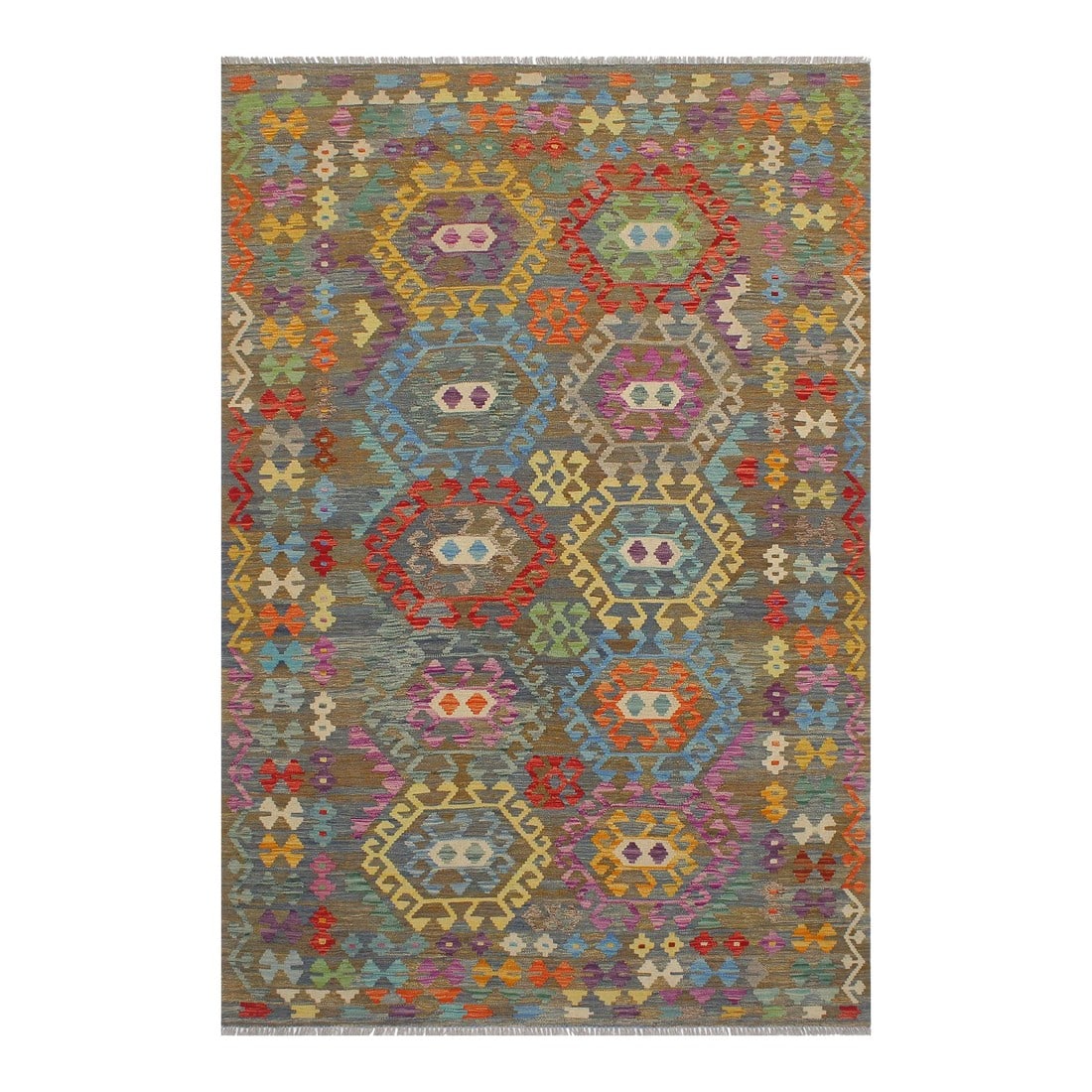 Boho Chic Kilim Gray Blue Wool Rug - 5'8" X 8'5" (1 of 7)