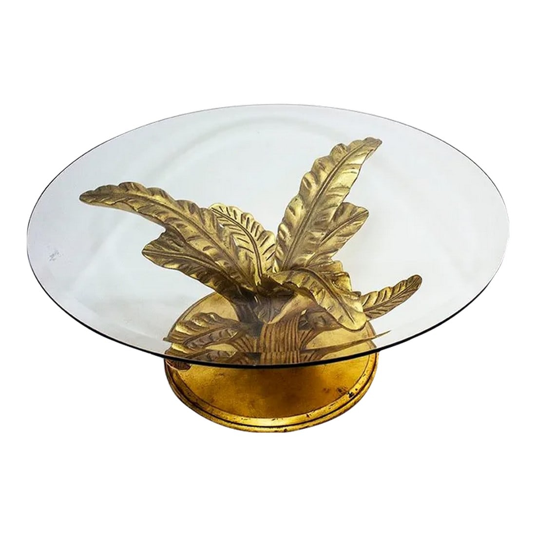 Hollywood Regency Carved Wood Gold Leaf Table: Stunning Hollywood Regency/Mid-Century carved wood leaf table with heavy round beveled glass top. Gold gilt finish, original patina Measurements: Base Measured Across Bottom 22" diameter x 18"