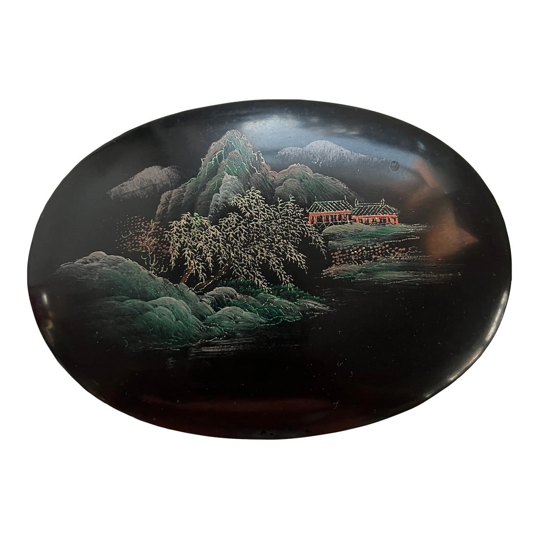 Vintage Asian Oval Black Lacquered Trinket Box: Lovely black lacquered box with a hand painted asian scene. The inside has sparkles in the paint. The original price tag is on the bottom. If you happen to be from the south you will recognize the