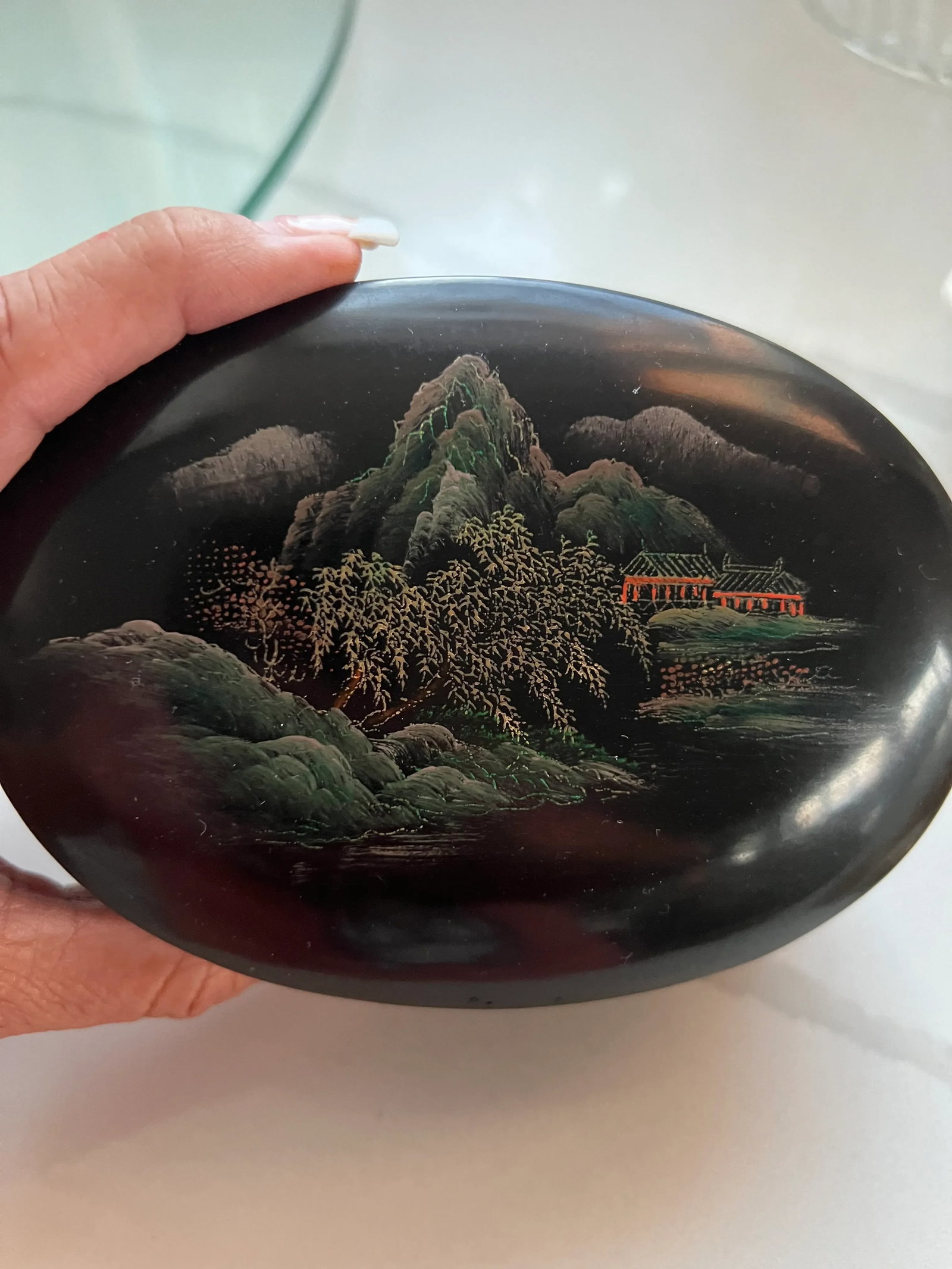 Vintage Asian Oval Black Lacquered Trinket Box - 2