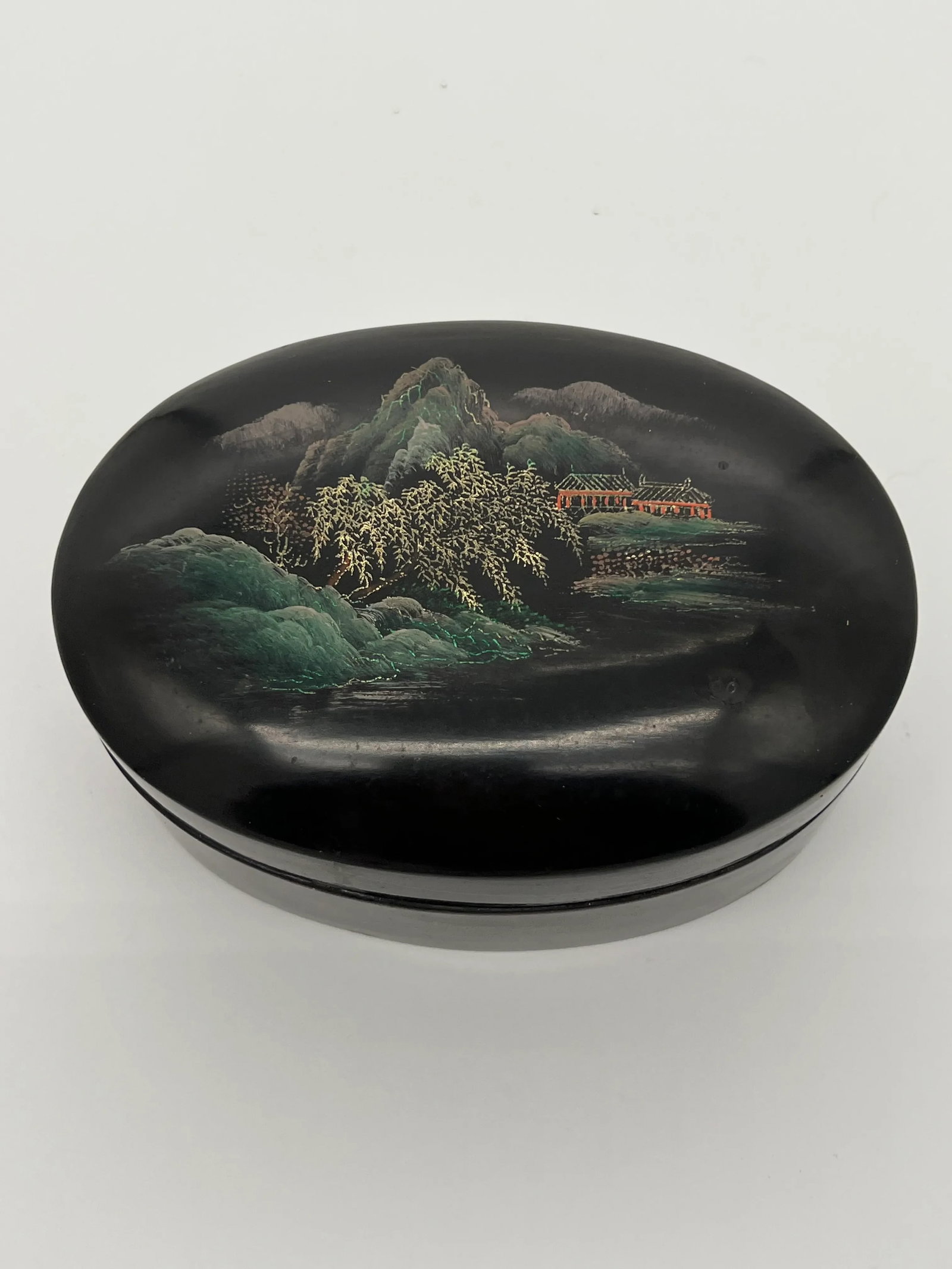 Vintage Asian Oval Black Lacquered Trinket Box - 3