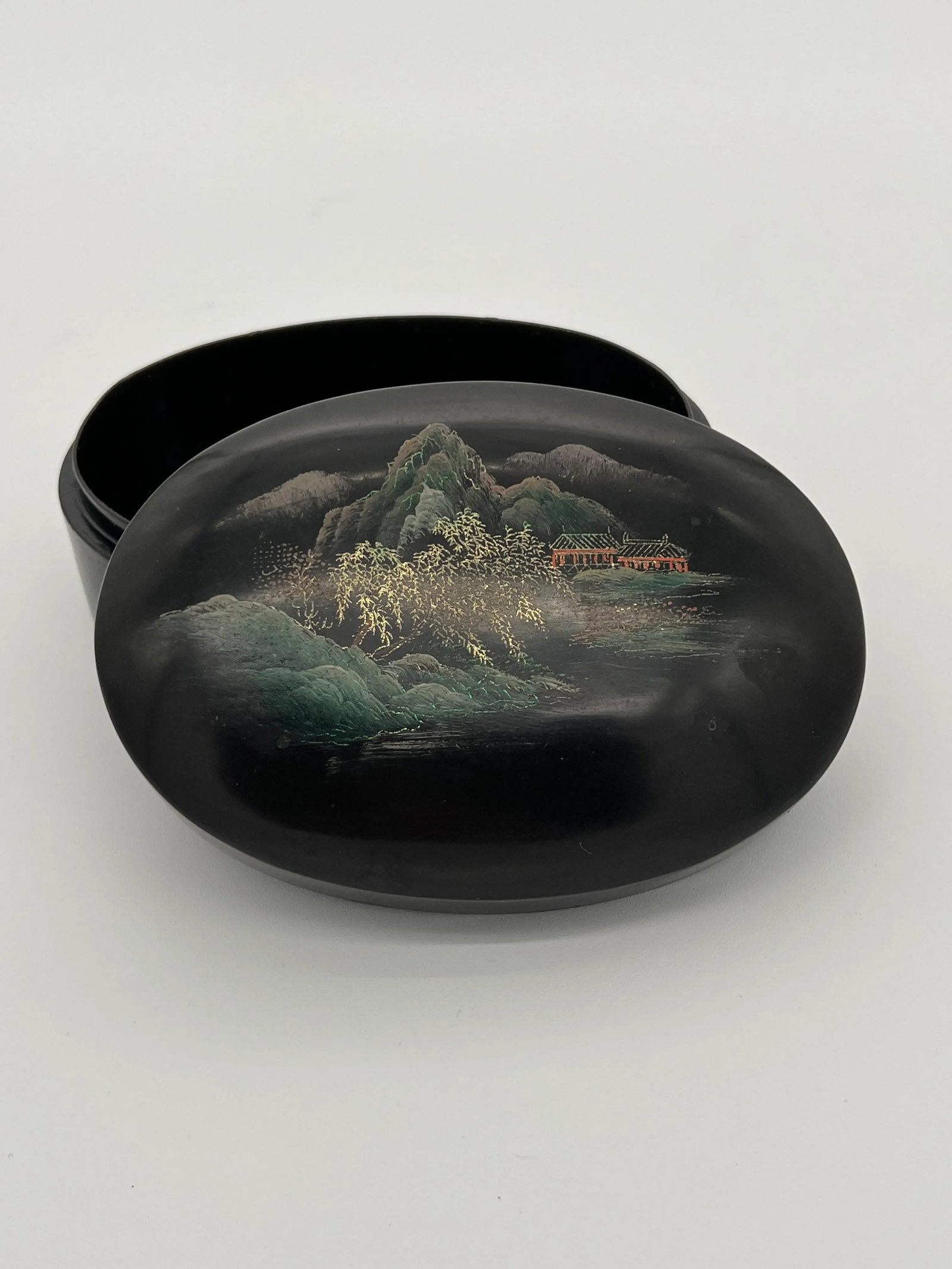 Vintage Asian Oval Black Lacquered Trinket Box - 5