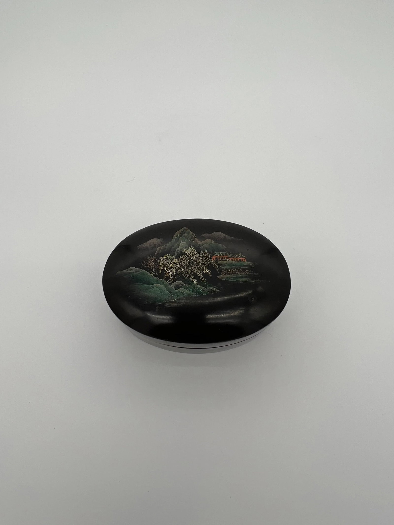 Vintage Asian Oval Black Lacquered Trinket Box - 9