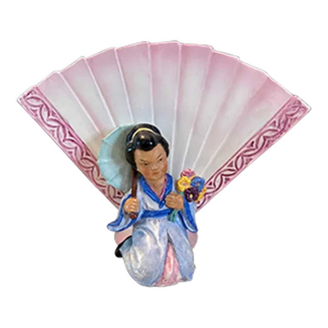 Rare Erphila Goebel Oriental Fan Vase: Asian vase made by Goebel Erphila which was made in Germany in the 1930s. The fan is trimmed in pink with a kneeling geisha on the front holding a parasol and flowers. She is dressed in lovely blues.