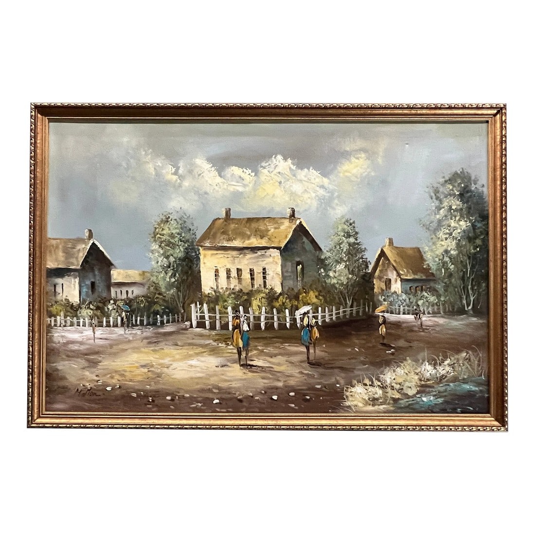 Vintage Old Rural Village Signed by Melton - Original Oil on Canvas: This piece is an original signed oil on canvas painting by artist Melton. This painting depicts a lovely scene of a small rural village, possibly in the Caribbean, with simple little houses, dirt road