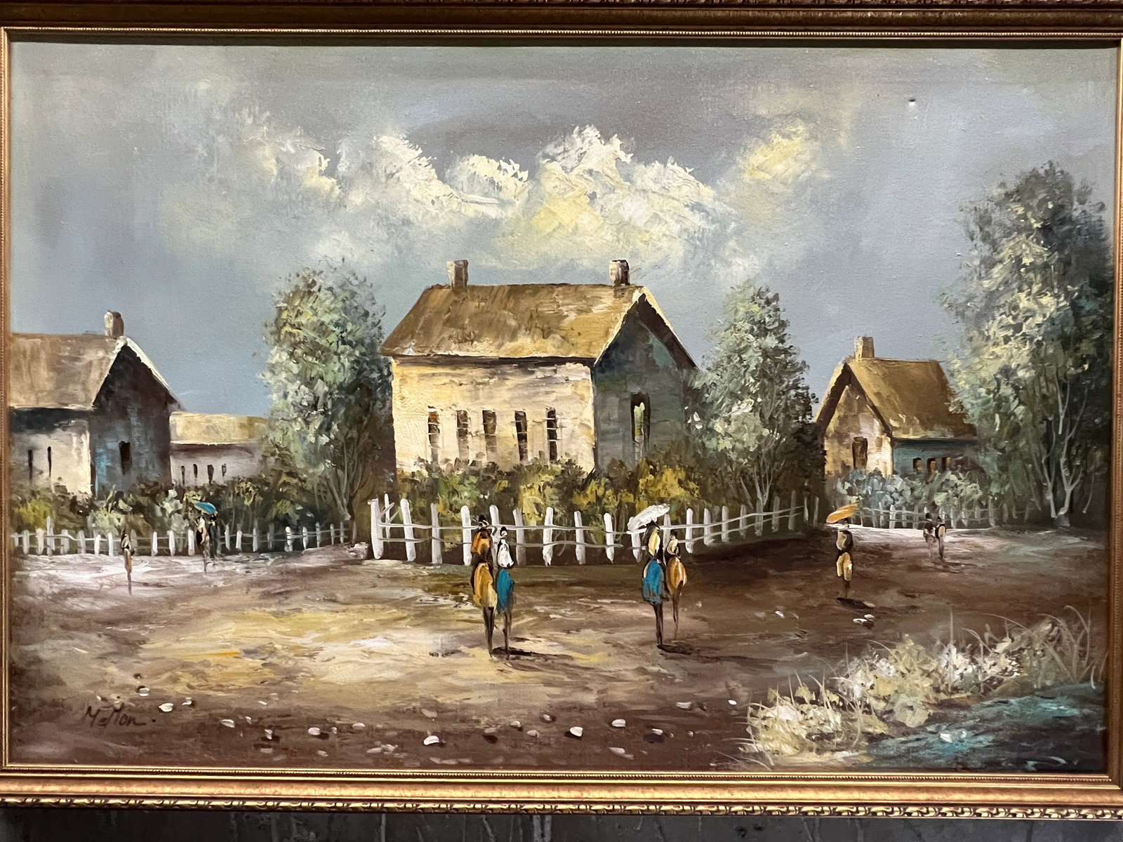 Vintage Old Rural Village Signed by Melton - Original Oil on Canvas - 2