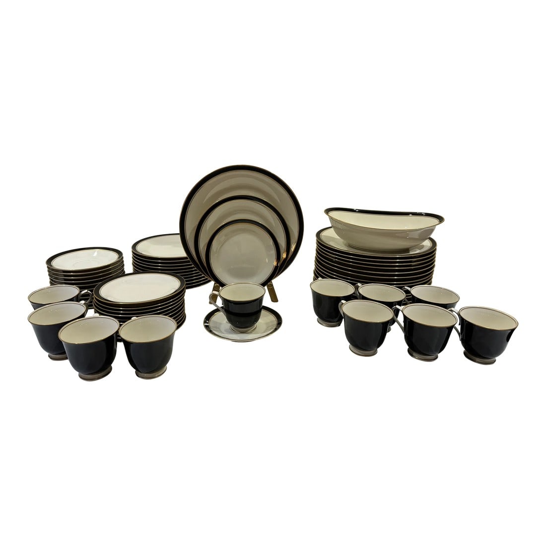 1990s Noritake Ivory China Model 7274 Ivory & Ebony, Made in Japan - 11 Place Settings- 62 Pieces: This set is a beauty and comprises of ivory China with gold rings and a black band symbolizes true elegance - its classy yet simple and adds a modern touch to the table while still being vintage. 